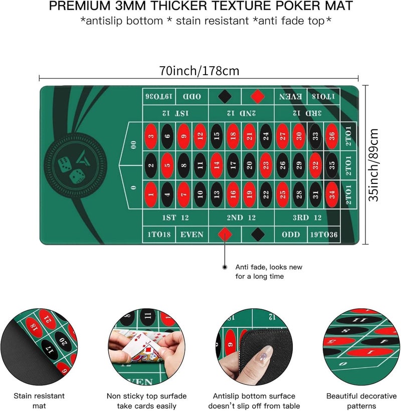 AQQA Roulette Table Mat 70 x 35 Inch, Durable, Water-Resistant Roulette Mat Made of 3mm Thick Rubber, Reinforced with Sturdy Stitching - Portable Casino Roulette Mat for Game Night Party - Image 4